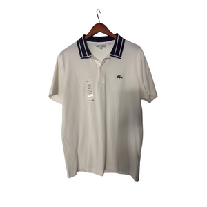 Men's Lacoste White Navy Blue Striped Collar Slim Fit Polo Shirt XL